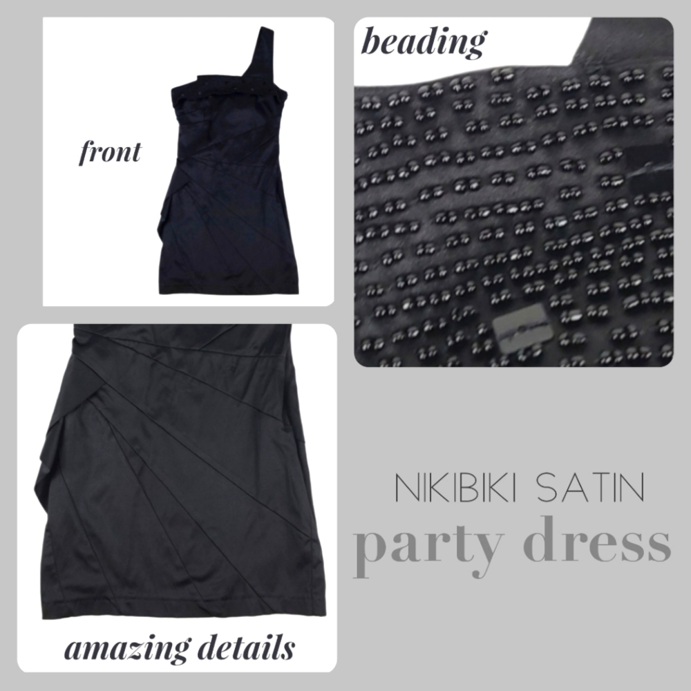 Pleated Satin One-Shoulder Vintage Beaded Nikibiki Dress in Black, Size S
